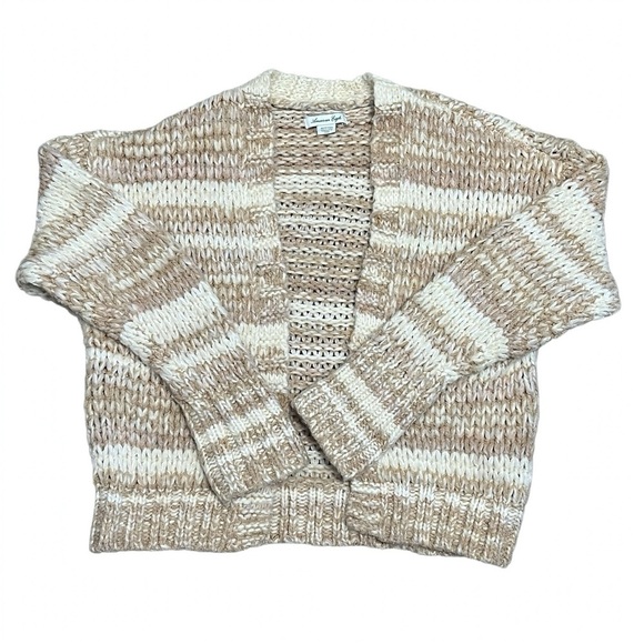 American Eagle Open Front Cardigan Sweater Size XS Beige Striped Cozy Warm Comfy - Picture 2 of 6